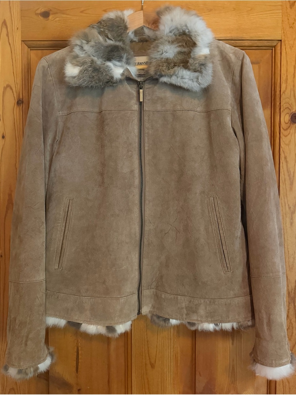 St Johns Bay Women's Leather Suede Jacket with Fur Trim - Medium